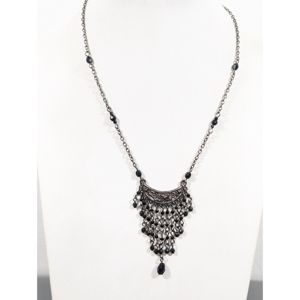 Gray Metallic Black Fringe Curved Bar Gothic‎ Victorian Style Necklace 16" Retro